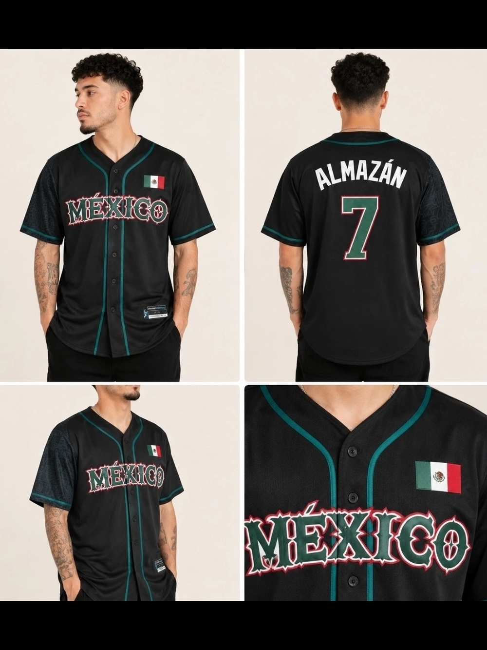 Mexico Baseball Jersey - Black with Teal Trim